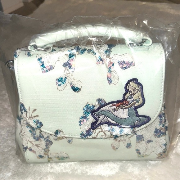 Loungefly Disney Alice in Wonderland Alice & Dinah Floral Sequin Handbag New - Picture 3 of 15
